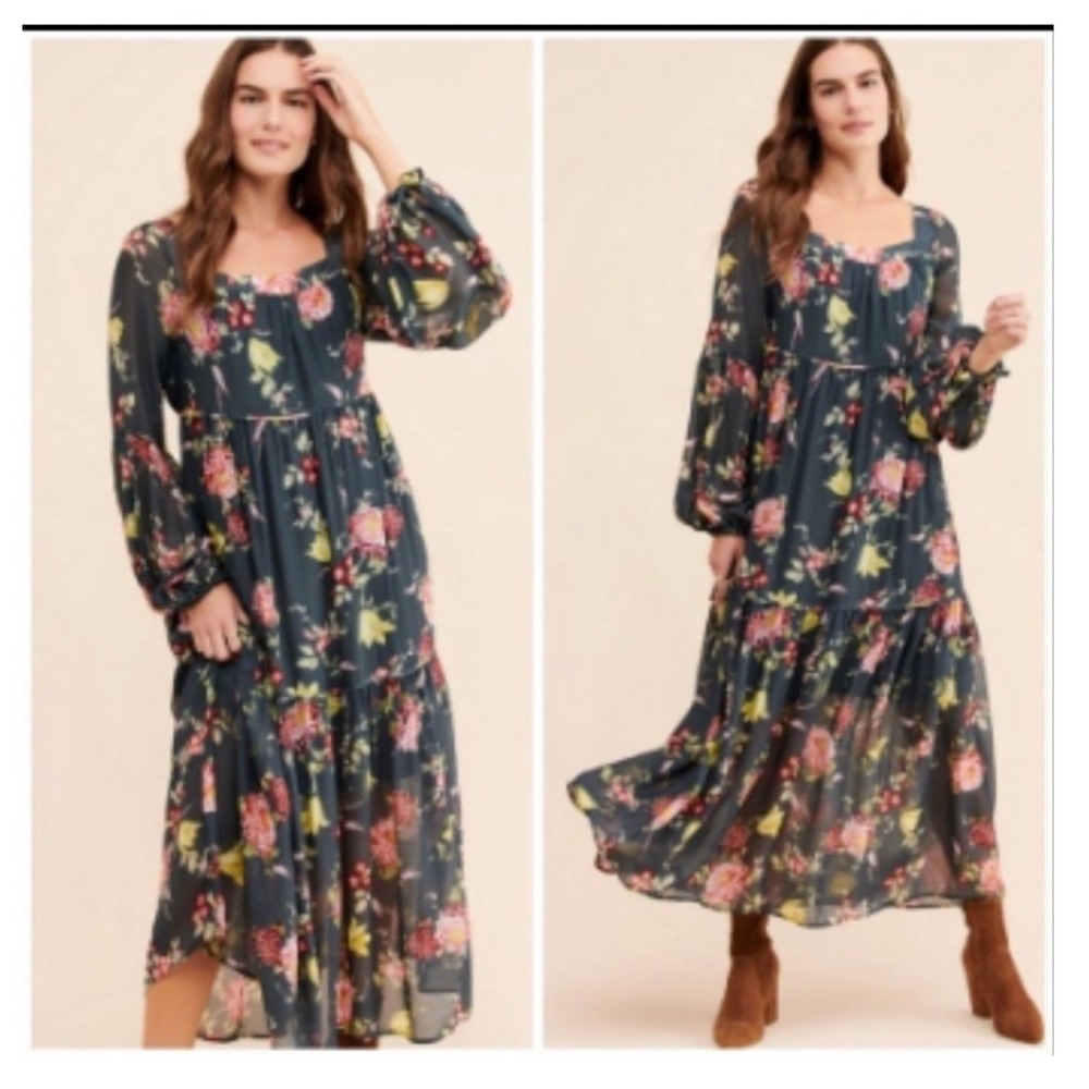 Anthropologie Evelin Floral Maxi Dress Square Neck‎ Tiered Puff Dark Teal XSP